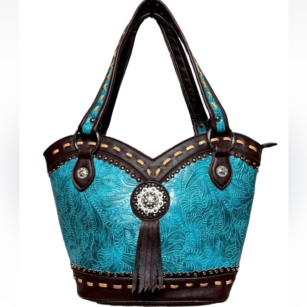 Turquoise Brown Soft Leather Carry Conceal Pocket Western Purse NIP